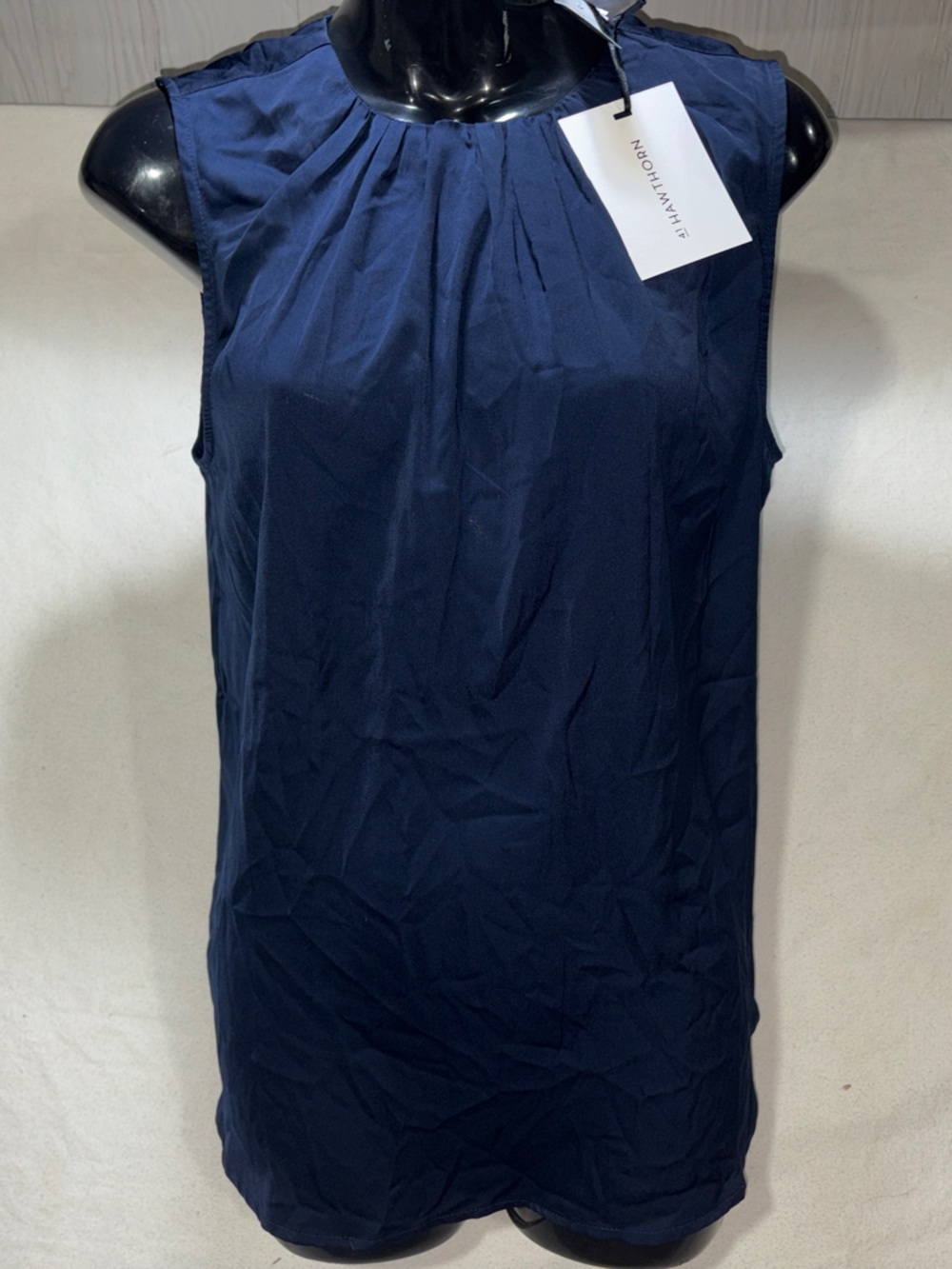 NWT 41Hawthorn Navy Blue Pleat Neck Sleevless Blouse